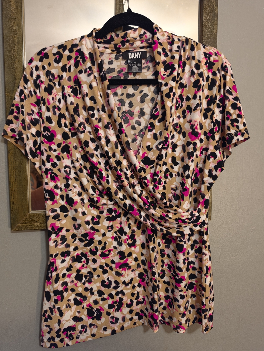 DKNY Beige Leopard-Print Wrap Blouse with Pink & Black Accents